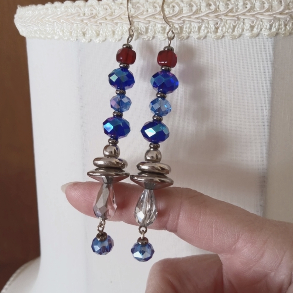 Long Artisan Purple Dangle Drop Crystal Faceted Teardrop Earrings Women OOAK New